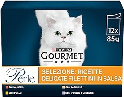 Gourmet Vochtige parels, kattenfilets in saus met kip, eend, kalkoen, kalfsvlees met groenten, 72 zakjes à 85 g 6 verpakkingen van 12 x 85 g - natvoer katten