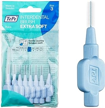 TePe Interdentale rager, Extra Soft, Blauw, 0,6mm/ISO 3, 8st, tandplakverwijdering, efficiënte reiniging tussen tanden en kiezen, tandfloss, voor smalle ruimtes.