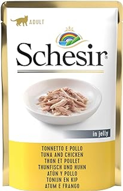 Schesir, Natvoer voor volwassen katten met de smaak van tonijn en kippenfilets, van zachte gelei, in totaal 1,7 kg 20 zakjes à 85 g - natvoer katten