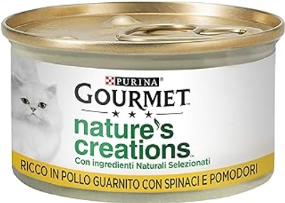 Purina Gourmet Nature's Creations natvoer voor katten, rijk aan kip, gegarneerd met spinazie en tomaten, 24 blikjes à 85 g - natvoer katten