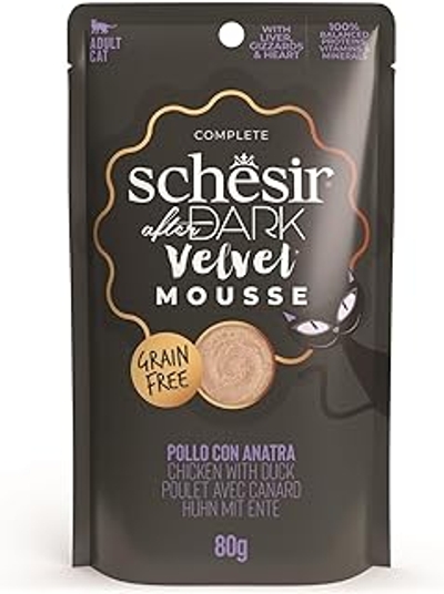 Schesir, Natvoer voor volwassen katten after dark kip met eend Velvet Mousse 12 x 80 g - kattenbrokken