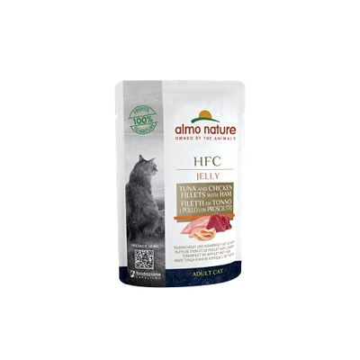 Almo Nature HFC Jelly voor volwassen katten, natvoer voor volwassen katten, 100% tonijn, verse kip & ham in HFC-kwaliteit, verpakking met 24 zakjes x 55 g - natvoer katten