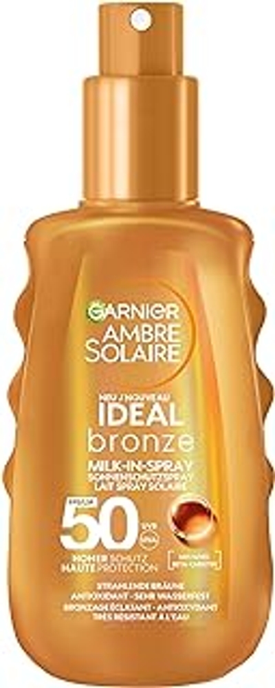 Garnier Ambre Solaire Ideal Bronze Milk-in-Spray, UV-zonnebrandspray voor een stralende bruining, zeer hoge bescherming tegen de zon met SPF 50, waterbestendig, 1 x 150 ml