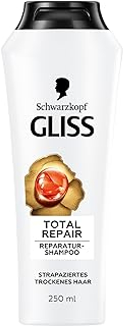 Gliss Shampoo Total Repair 250 ml, haarshampoo met vloeibare keratine en bloemennectar, verzorgende shampoo voor droog en beschadigd haar, vermindert haarbreuk