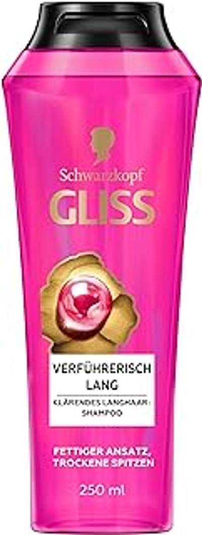 Gliss Shampoo verleidelijk lang 250 ml, haarshampoo met biotine-complex en pioenroos, verzorgende shampoo verzorgt droge punten en bevrijdt van vettige aanzet