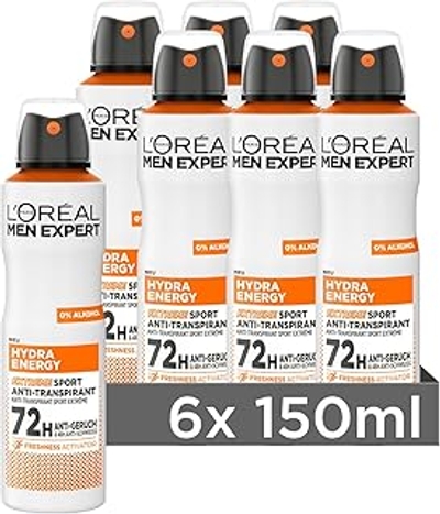 L'Oréal Men Expert Hydra Energy Sports Deodorant voor mannen, effectieve deospray tegen geurvorming, voor maximaal 72 uur frisheid, 6 x 150 ml