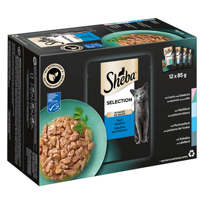 Voordeelpakket Sheba Varianten Verhoudzakjes 144 x 85 g - Selectie in saus (zalm & koolvis, witvis, diepzeevis, kabeljauw) - natvoer katten