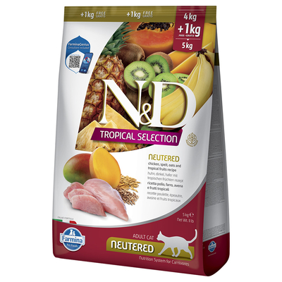 Voordeelpakket: 2x5kg (4 +1kg) N&D Cat Tropical Selection Gecastreerd met kip droogvoer voor katten - kattenbrokken