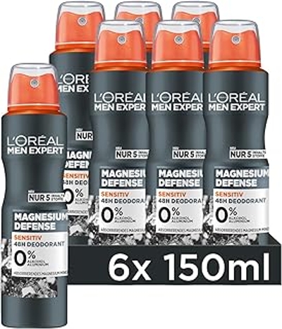 L'Oréal Men Expert 48H Sensitiv Deospray voor mannen, bodyspray tegen zweetgeur, zweten en okselzweet, anti-transpirant zonder alcohol en aluminium, magnesium Defense, 6 x 150 ml