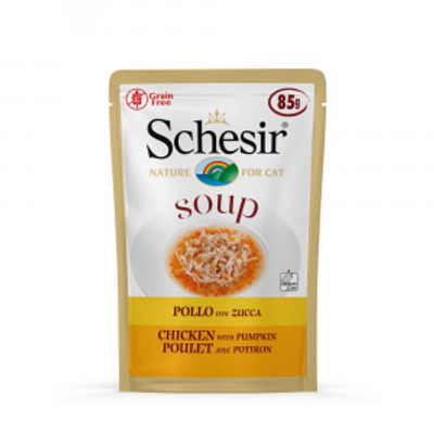 Schesir Cat Soup kip en pompoen natvoer kat (zakjes 85 g) 4 dozen (80 x 85 g)- natvoer katten