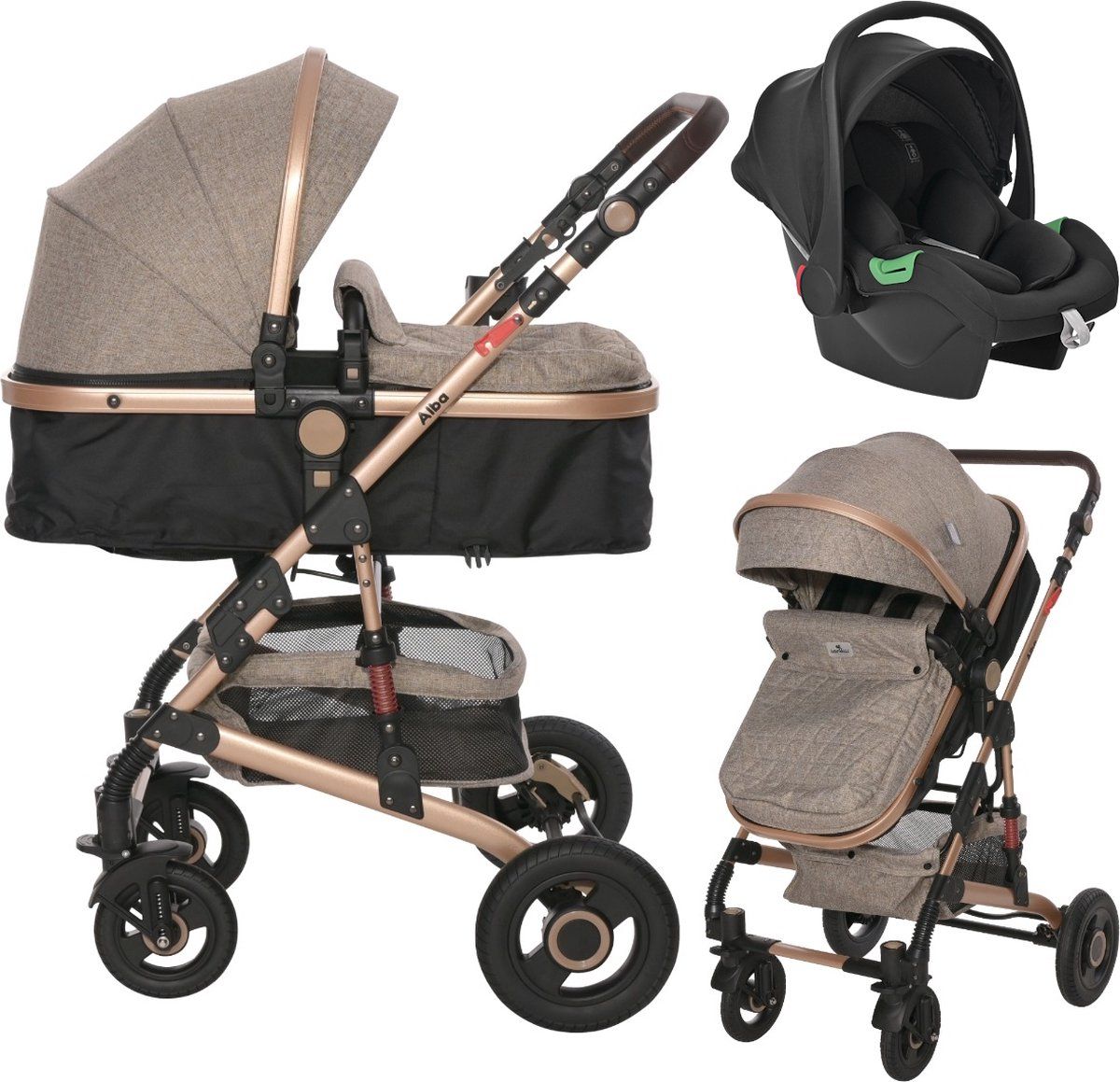 Lorelli Alba Premium Pearl Beige 3-in-1 Combi Kinderwagen incl. Spirit Autostoel