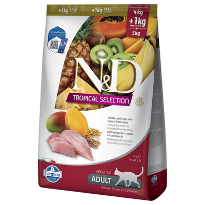 Voordeelpakket: 2x5kg (4+1kg) N&D Cat Tropical Selection met kip droogvoer voor katten - kattenbrokken