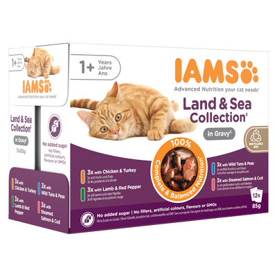 36 + 12 gratis! 48 x 85 g IAMS Kattenvoer - Delights Adult: Land & Sea Mix in Saus (48 x 85 g) - natvoer katten