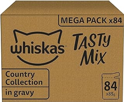 Whiskas 1+ Natvoer - Tasty Mix Country Collectie - Selectie in saus - maaltijdzakjes 84 x 85g - natvoer katten