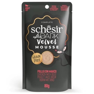 Schesir, Natvoer voor volwassen katten after dark kip met rundvlees Velvet Mousse 12 x 80 g - kattenbrokken