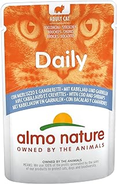 Almo Nature Daily natvoer voor volwassenen katten met kabeljauw en garnalen - zak 70 g. - natvoer katten