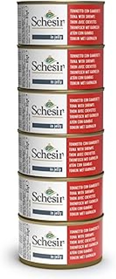 Schesir, Natvoer voor volwassen katten, tonijn met garnalen, van filets en gelei, 100% natuurlijk, 6 blikjes x 85 g - natvoer katten
