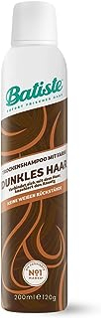 Batiste Droogshampoo voor donker haar, 200 ml, Dry Shampoo voor het opfrissen en stylen, haarverzorgingsspray met een vleugje kleur, zonder resten, zonder uitspoelen, haarstyling met kleureffect