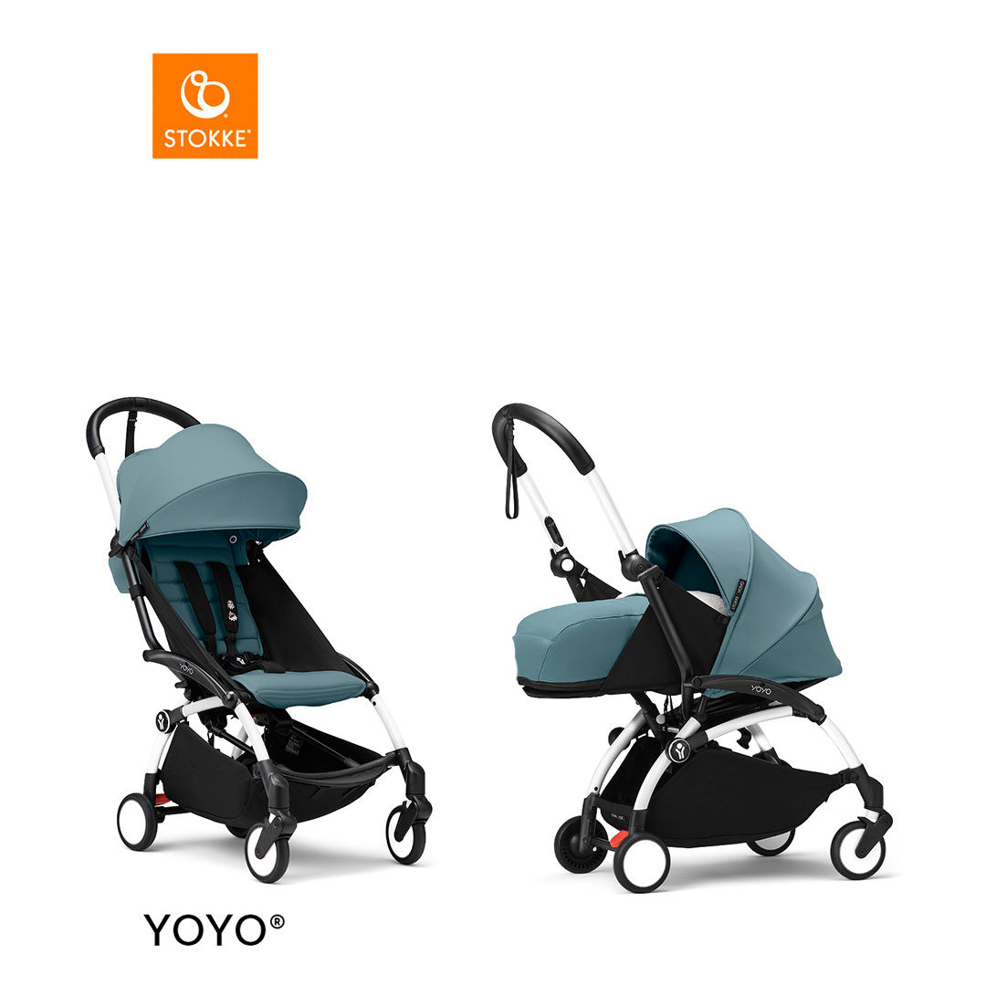 Stokke&reg; YOYO3 Complete Kinderwagen Met 0+ Newborn Pack - White Frame - Aqua