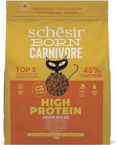 Schesir Born Carnivore kip en ei, droogvoer voor volwassen katten, gebakken zak van 255 g - kattenbrokken