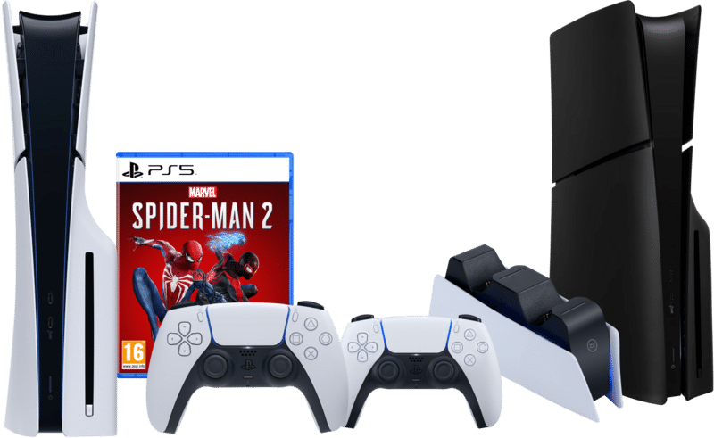 PS5 Slim Disc Edition + Spider-Man 2 + Covers Zwart + Extra Controller + Oplaadstation