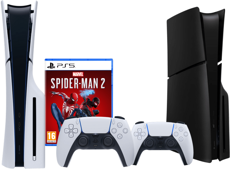 PlayStation 5 Slim Disc Edition + Spider-Man 2 + Covers Zwart + Extra Controller Wit