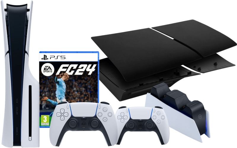 PS5 Slim Disc Edition + FC 24 + Covers Zwart + Extra Controller Wit + Oplaadstation