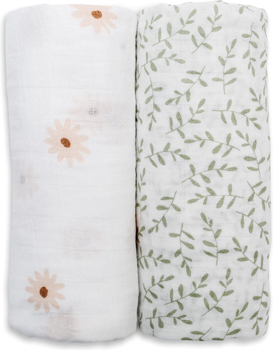 Lulujo - hydrofiele doek - swaddle - katoen - 100x100 cm - 2-pack - Daisies & Greenery