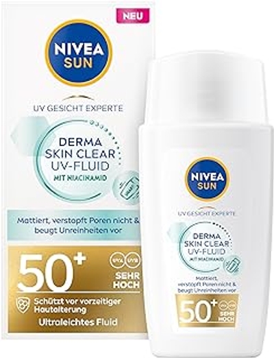 NIVEA SUN Derma Skin Clear Zonnebrandcrème, SPF 50+, niet-vette zonnebrandcrème met anti-onzuiverheden complex en niacinamide, uv-gezichtsexpert, SPF 50+, 40 ml