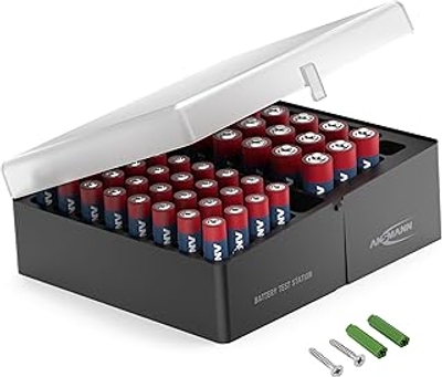 ANSMANN batterijbox voor 56 batterijen met 32 ​​stuks Micro AAA en 20 stuks Mignon AA, opbergdoos batterijen, inclusief muurbeugel