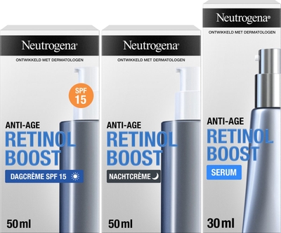 Neutrogena Retinol Boost 3-delige set, dag- en nachtcrème en gezichtsserum, anti-aging formule voor een jong en gezond uitziende huid, 2 x 50 ml & 1 x 30 ml