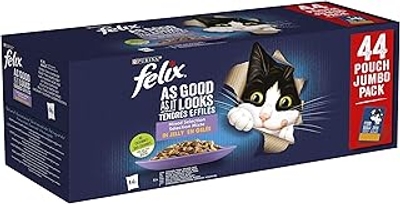 Felix Elke Dag Feest Mix in Gelei Kattenvoer, Natvoer maaltijdzakjes met Rund, Kip, Zalm & Tonijn, 44 x 85g 44 maaltijdzakjes; 3,7kg - natvoer katten