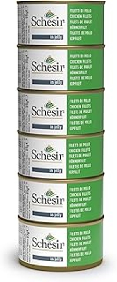 Schesir, Natvoer voor volwassen katten, kippenfilets in filets en 100% natuurlijke gelei, verpakking met 6 blikjes x 85 g - natvoer katten