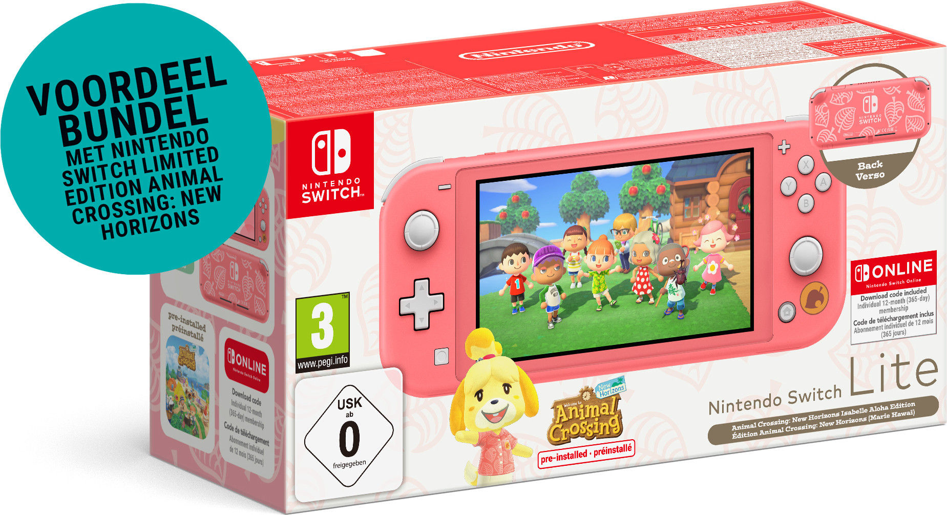 Nintendo Switch Lite (Coral) Animal Crossing New Horizons Isabelle Aloha Edition + 12 Maanden Switch Online Nintendo Switch