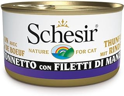 Schesir, Natvoer voor volwassen katten met smaak, tonijn met runderfilets van zachte gelei, in totaal 2 kg 24 afzonderlijke blikjes à 85 g - natvoer katten