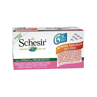Schesir Cat Jelly Kippenfilet met ham, nat kattenvoer in gelei, 8 x 6 blikjes x 50 g - natvoer katten