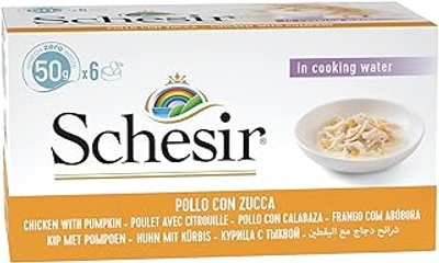 Schesir Cat Natural Kippenfilet met pompoen, nat kattenvoer in eigen sap, 8 x 6 blikjes x 50 g - natvoer katten