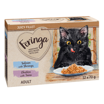 24x70g Mixpakket: Zalm met Garnalen en Kip met Tonijn Feringa Juicy Fillet Katten Natvoer - natvoer katten