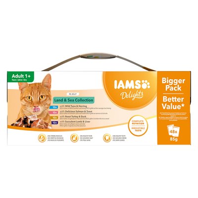 36 + 12 Gratis! IAMS Delights Adult Land & Sea Kattenvoer 48 x 85 g in Gelei - natvoer katten