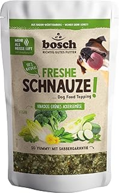Bosch Freshe Schnauze - knapperige groene akkergroenten 1 x 200 g | topping voor hondenvoer | geschikt voor droogvoer en natvoer | met verse courgette, spinazie, broccoli, venkel en cichorei - hondenbrokken