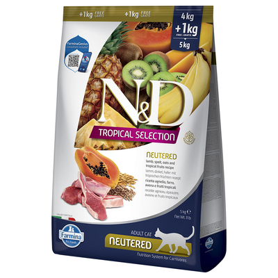Voordeelpakket: 2x5kg N&D Cat Tropical Selection Gecastreerd met lam droogvoer voor katten - natvoer katten