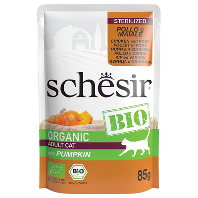 Voordeelpakket: 16x85g Schesir Organic Pouch Gesteriliseerd Biologisch Kip en Biologisch Varken nat kattenvoer - natvoer katten