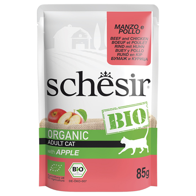 Voordeelpakket: 16x85g Schesir Organic Pouch Biologisch Rundvlees en Biologische Kip met Biologische Appel natvoer voor katten - natvoer katten