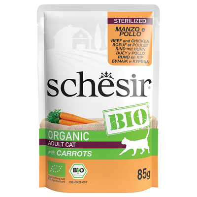 8x85g Schesir Organic Pouch Gesteriliseerd Biologisch Rundvlees en Biologische Kip natvoer voor katten - natvoer katten