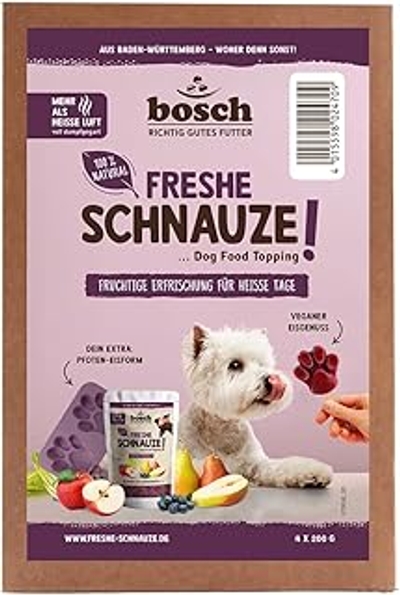 Bosch Freshe Schnauze - actiepakket fruit 4 x 200 g + gratis ijsvorm voor hondenijs | topping voor hondenvoer | droog- en natvoer geschikt | met verse appels, peren en bosbessen - hondenbrokken