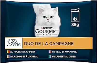 GOURMET Pearl Duo de la Campagne, Kip Rundvlees, Kalkoen Lam, Kalfsvlees, Eenden, Konijn in Saus 48 x 85 gr - natvoer katten
