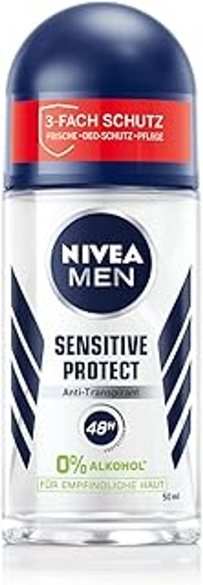 NIVEA MEN Sensitive Protect Deodorant Roll-On 50 ml, anti-transpirant voor de gevoelige huid, deodorant beschermt 48 uur tegen okselzweet, zonder de huid te irriteren