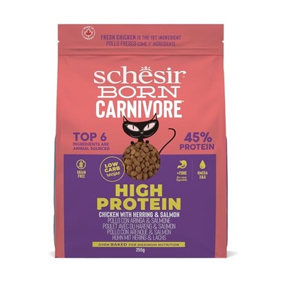 Schesir Born Carnivore Kip en Haring, droogvoer voor volwassen katten, gebakken, zak van 255 g - kattenbrokken