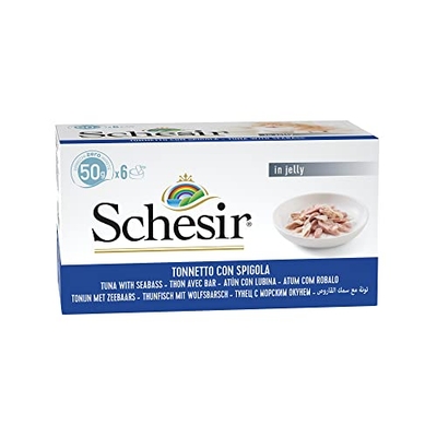 Schesir Cat Jelly Tonijn met zeebaars, nat kattenvoer in gelei, 8 x 6 blikjes x 50 g - natvoer katten