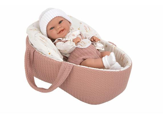 Arias Baby pop met fopspeen in draagmand met kussen 33cm